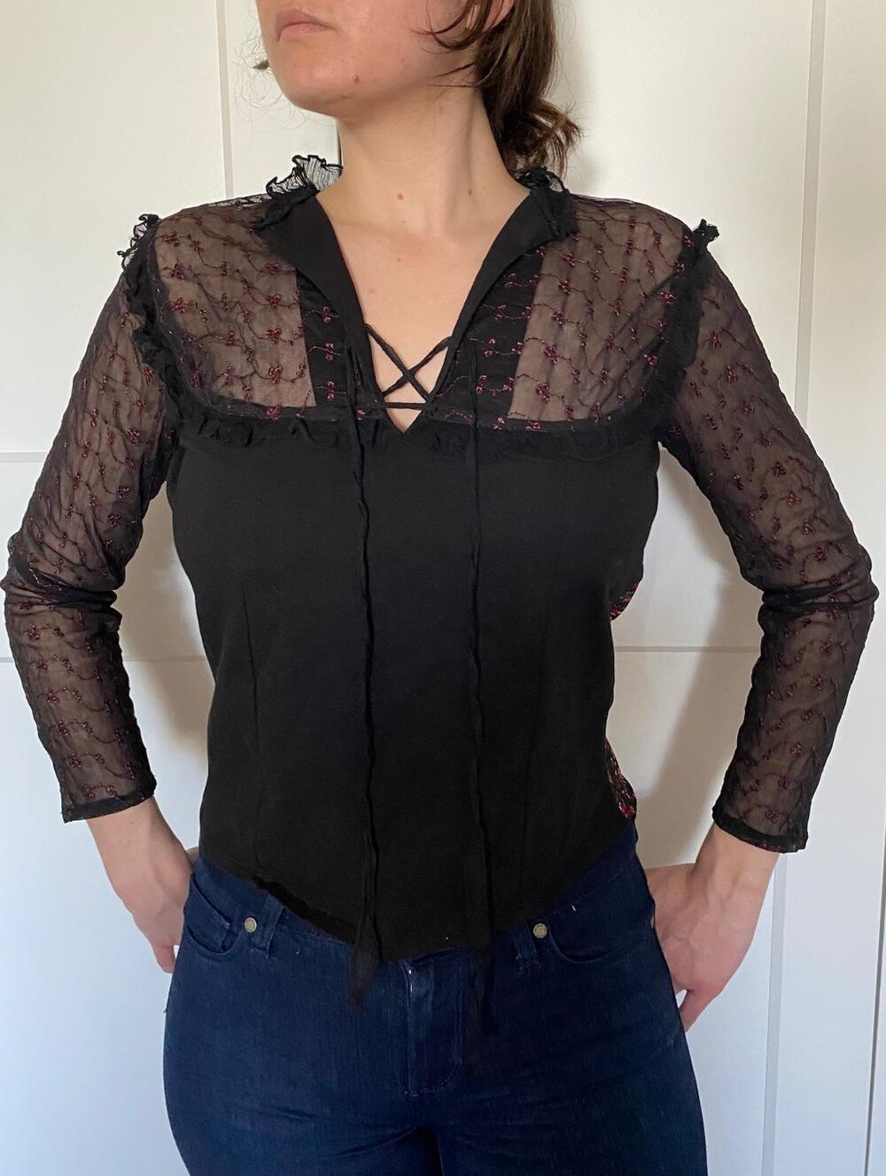 Buffalo David Bitton Black Sheer Lace-Panel Blouse